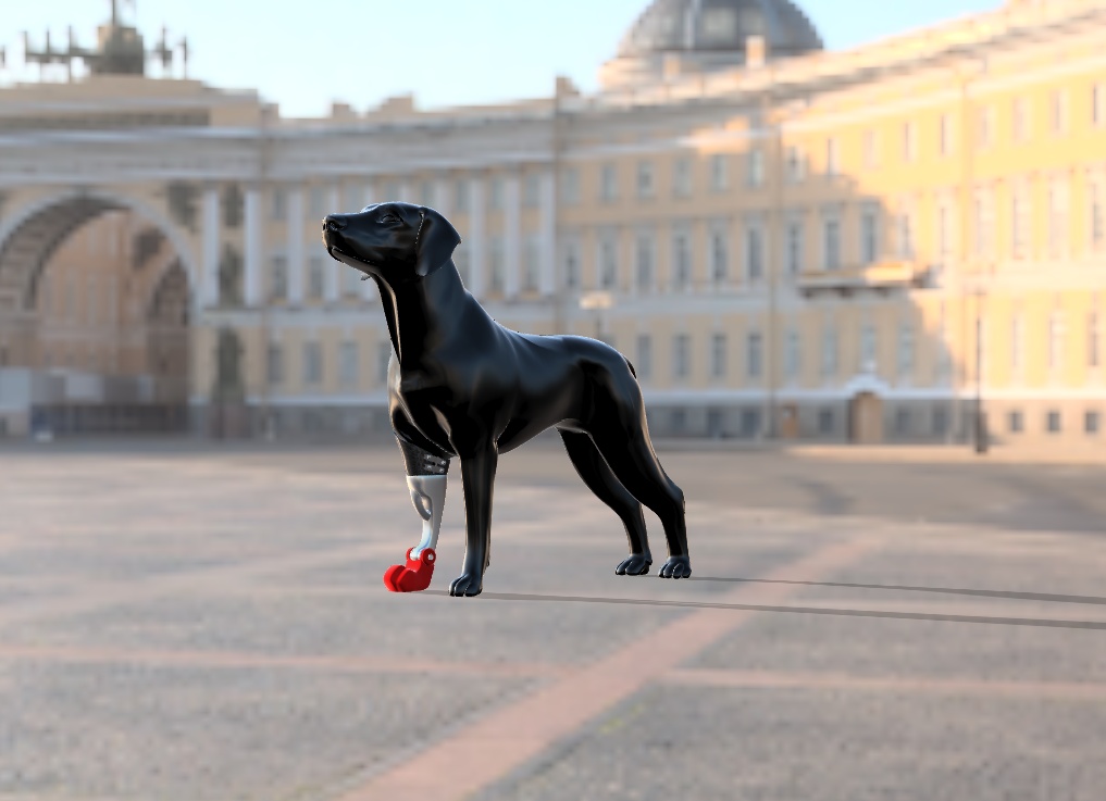 ARTICULATED BIOMECHANICAL PROSTHESIS FOR DOG RIGHT FRONT LEG - PROSÓTESIS BIOMECÁNICA ARTICULADA PARA PATA DELANTERA DERECHA DE PERRO - PRÓTESIS BIOMECÁNICA ARTICULADA PARA PATA DELANTERA DERECHA DE PERRO