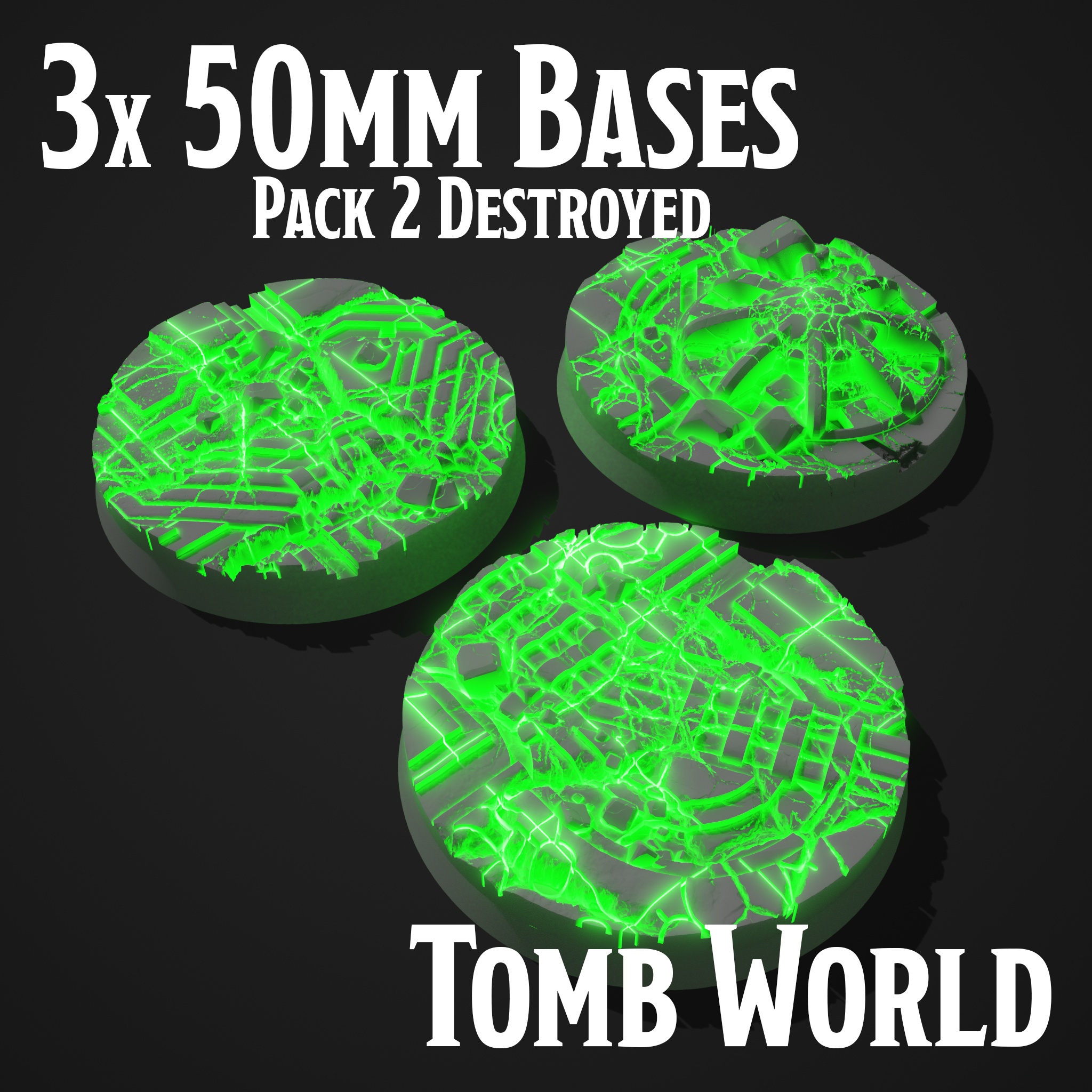 3 NECRON TOMB WORLD MINIATURE BASES - 50 MM - PACK 2 DESTROYED
