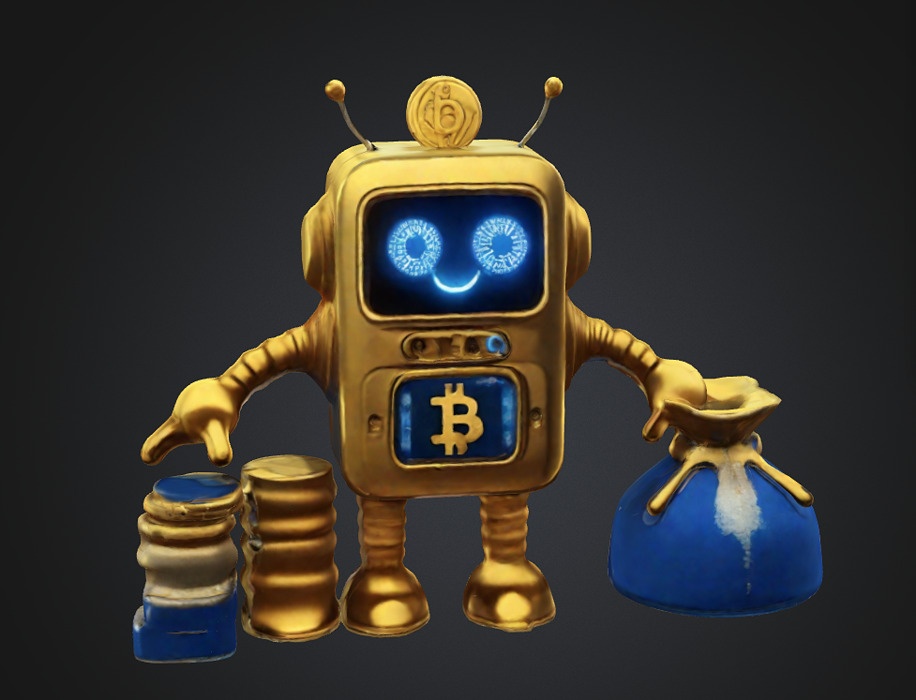 Bitcoin robot with gold coin bag