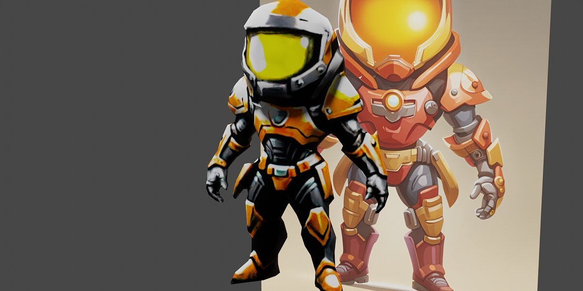 a robot with a helmet on warm color scheme art ren