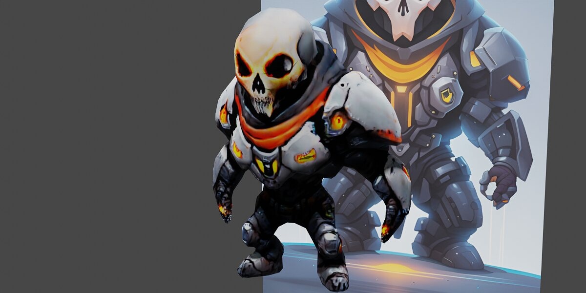 a robot with a skull on its head character splash 