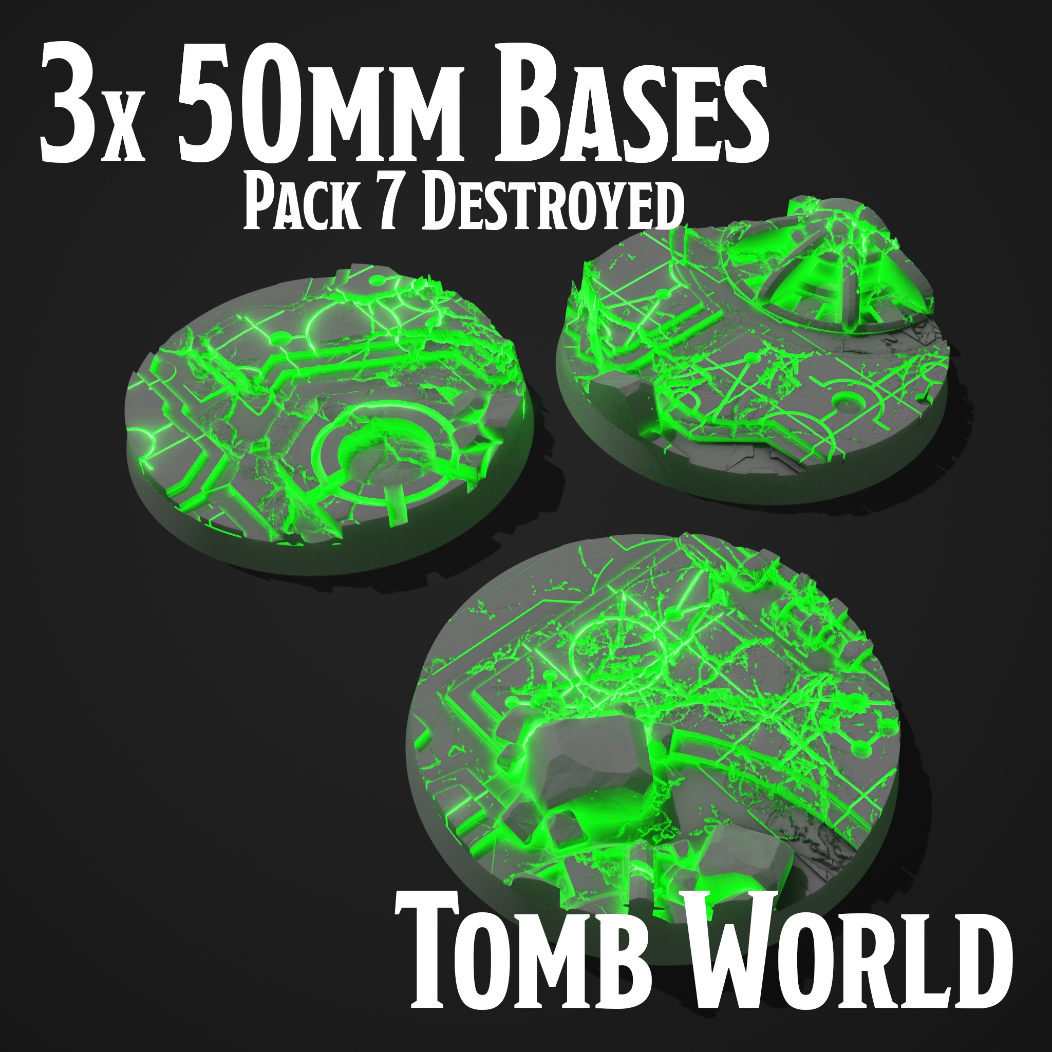 3 NECRON TOMB WORLD MINIATURE BASES - 50 MM - PACK 7 DESTROYED