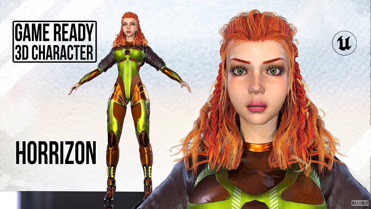 Low-poly gameready woman redhead character HORRIZON