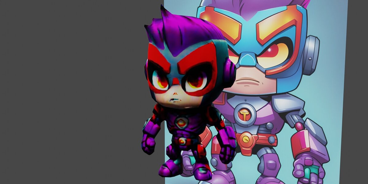  a cartoon character of a robot with a purple and 