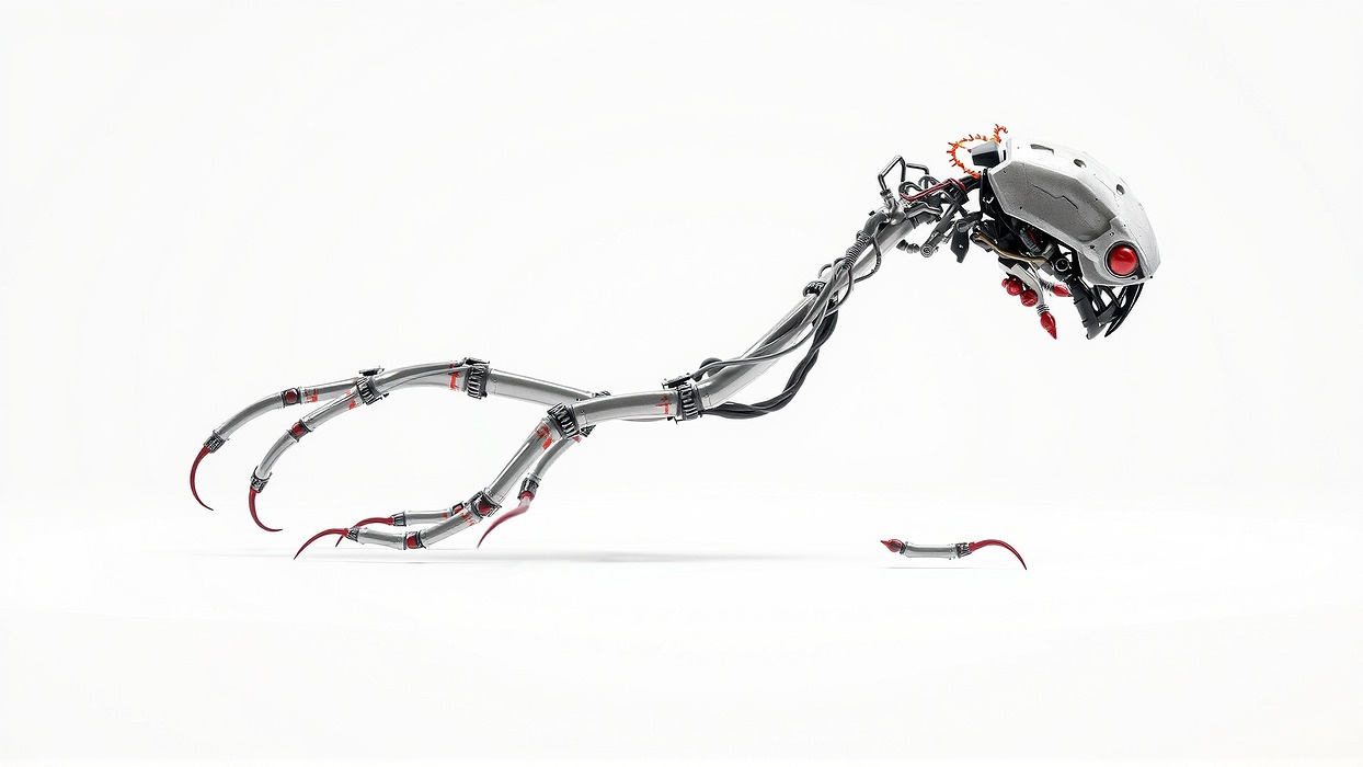 Cybernetic Creature with Mechanical Limbs and Red Eyes