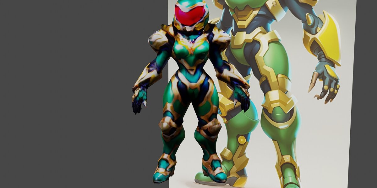 a cartoon character of a green and gold robot styl