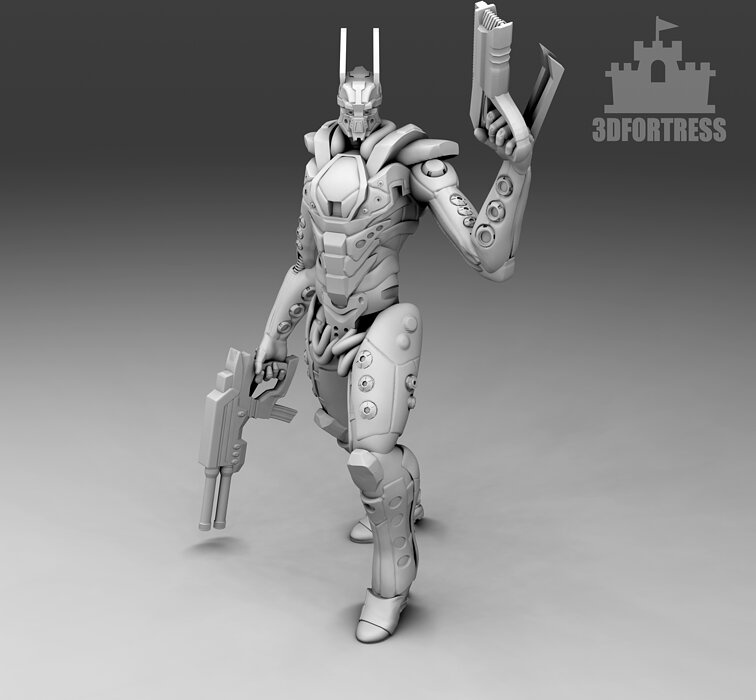 A humanoid robot with a blaster