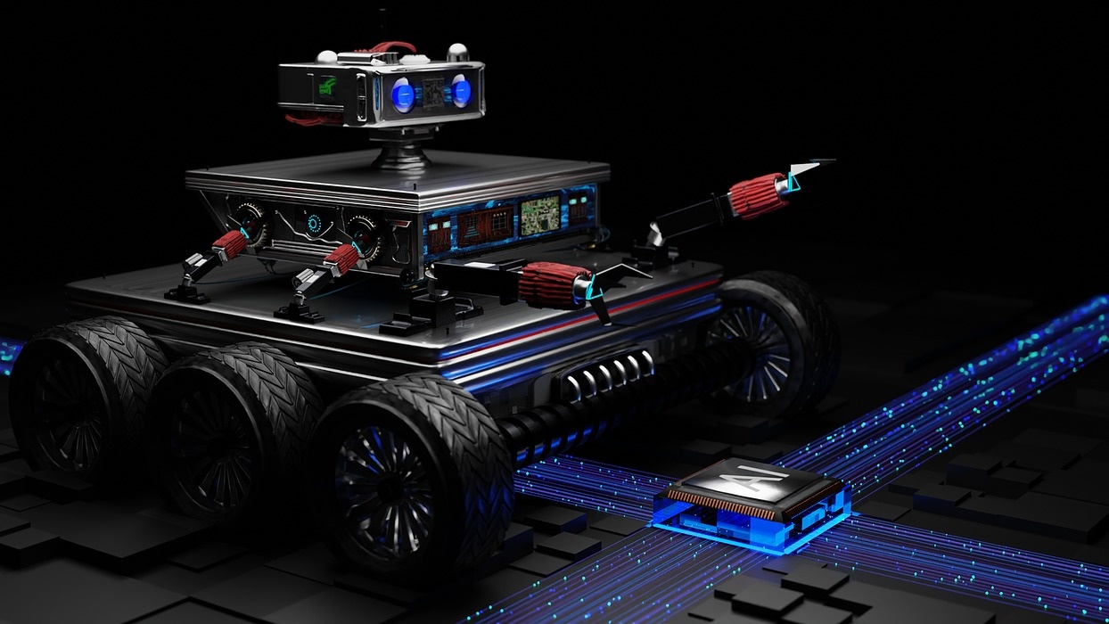 Futuristic Sci-Fi Robotic Vehicle with Glowing Particle Trails