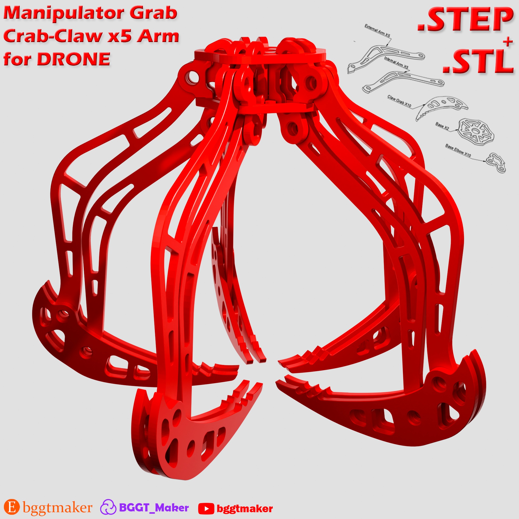MANIPULATOR GRAB CRAB-CLAW ARM FOR DRONE MAVIC - X5 ARM DESIGN (STEP, STL)