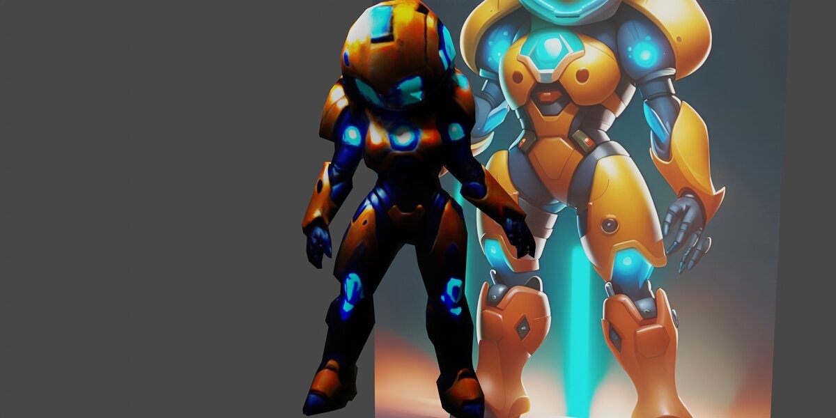 a robot with glowing eyes and a helmet teal orange