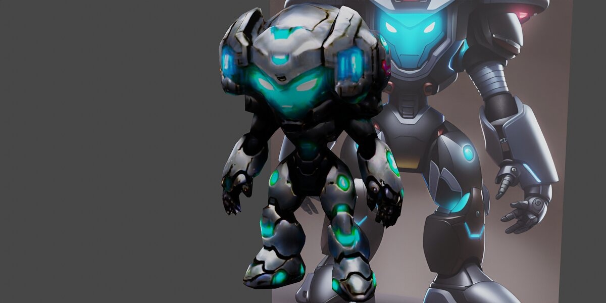 a robot with glowing eyes and a helmet concept art