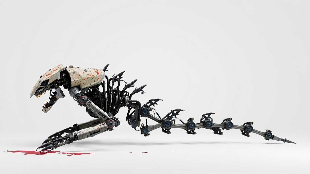 Mechanical Beast Frame with Human Features and Blood Stains