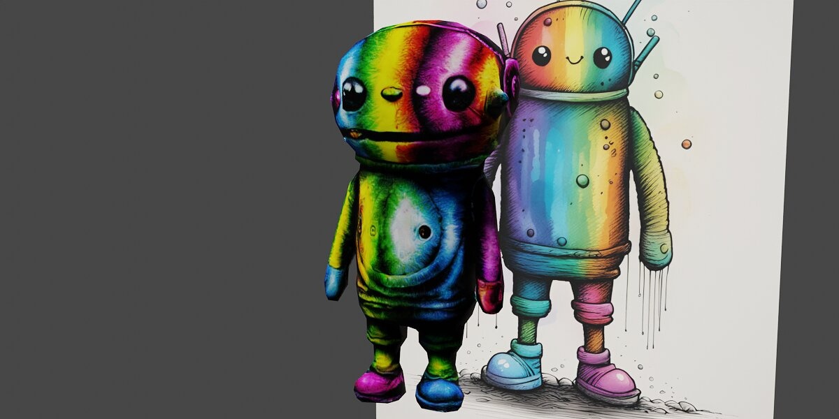  a brightly colored robot with a splattered face a