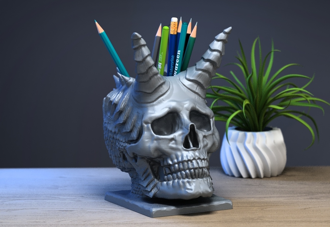 SKULL DRAGON PEN HOLDER, CYBORG PEN HOLDER, PERFECT GAMER GIFT, SCI-FI FANS GIFT, ROBOT SKULL PEN HOLDER A227 (2)
