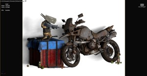 3D rendered scene featuring a rusty motorcycle