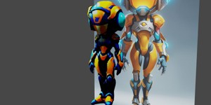 a robot with a glowing helmet and a glowing tail f