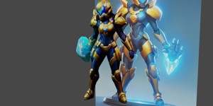 a robot with a glowing sword in his hand she has l