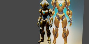 a robot with a glowing head and a gold body hero c