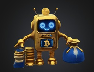 Bitcoin robot with gold coin bag