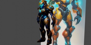 a robot with a glowing body and a helmet character