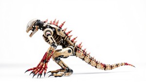 Mechanical Dinosaur Monster with Human Features and Bloody Wounds