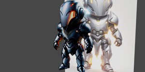 a robot with glowing eyes and a helmet chibi art f