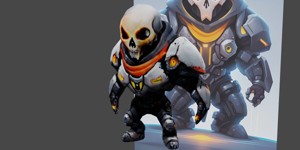 a robot with a skull on its head character splash 