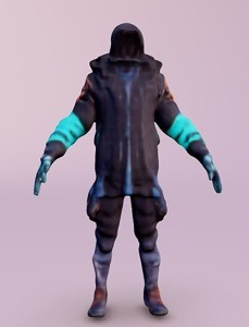 Futuristic character in a hooded jacket with glowing neon lines