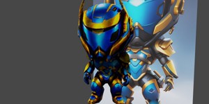 a blue and gold robot with a helmet official splas