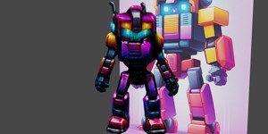  cartoon robot with glowing eyes and a purple back