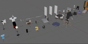 Collection about furniture tables chairs  lamps and Humanoid