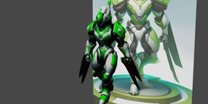 a green and white robot with a helmet on blizzard 