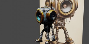  cartoon robot with a speaker and a pair of shoes 