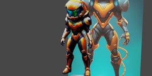 a robot with a helmet and a chain teal orange colo