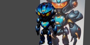 a robot with glowing eyes and a large head chibi a