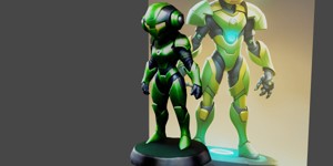 a robot with headphones on a pedestal hero charact