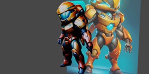 a robot with a glowing helmet on warm color scheme