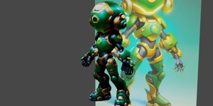 a robot with a green and yellow suit character spl