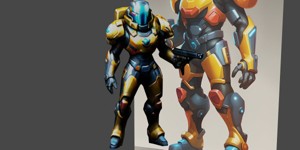 a robot with a gun in his hand warm color scheme a