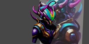 a robot with a helmet on and a large purple and bl