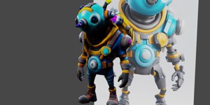 a toy robot with a blue body and orange accents be