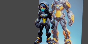 a cartoon character of a robot with a helmet femal