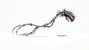 Cybernetic Creature with Mechanical Limbs and Red Eyes