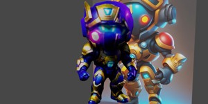a robot with a glowing helmet and a red light spla