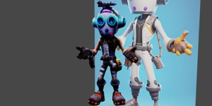 a robot that is standing on a blue background conc