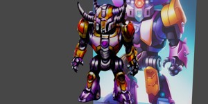 a robot with a horned head and a purple and orange