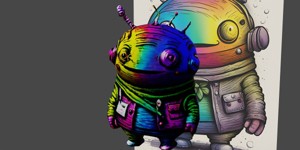  cartoon robot with a rainbow jacket and a green j
