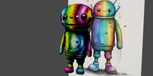  a brightly colored robot with a splattered face a