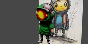  cartoon drawing of a small robot with a helmet an