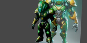 a robot with glowing armor on a dark background fu